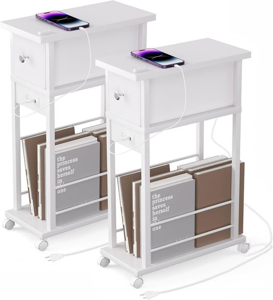 Side Table Set of 2,Side Table with Charging Station and Drawer, Narrow End Table with USB Ports and Outlets for Small Space, Living Room, Bedroom and Office, with 4 Wheels