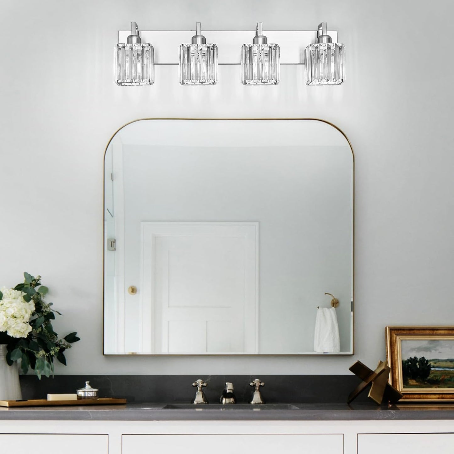 Modern Bathroom Vanity Light 4-Lights Brushed Nickel Vanity Light Crystal Wall Light Bathroom Light Fixtures