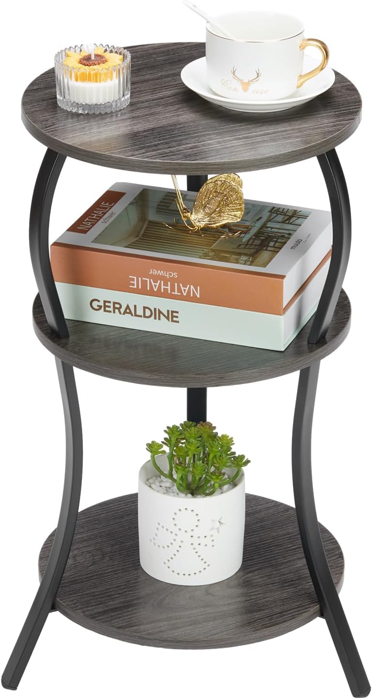 Vintage Small Round Side Table, 3-Tier Slim Waist Circular End Table with Storage Shelf, Compact Tea Sofa Side Table, Round Corner Coffee Table Nightstand for Living Room Bedroom Small Spaces,Grey