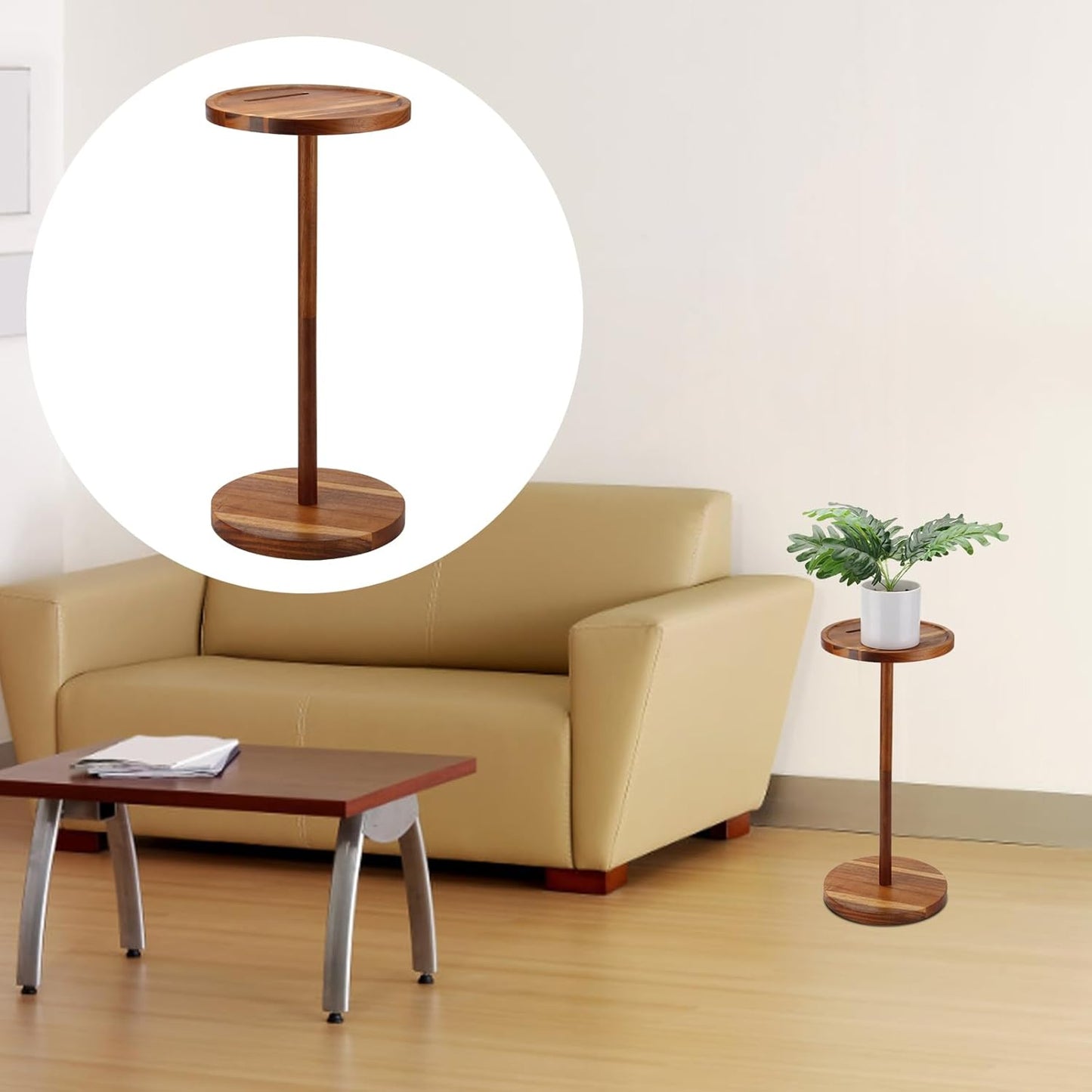 Acrylic Drink End Table, Clear Drink Table for Small Spaces with Anti-Slip Pads, 9.8" Round Modern Side Coffee Table for Living Room/Bedroom/Bathroom/Office/Outdoor/Business (Wood, Brown)