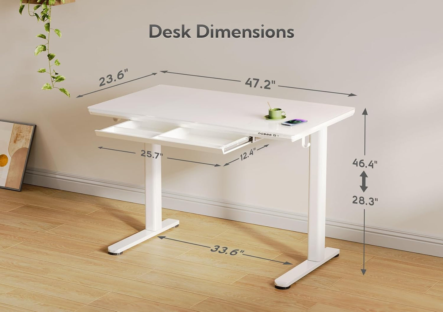 INNOVAR Wireless Charging Standing Desk with Drawers, Adjustable Height Electric Desk, 48 inch, Super White