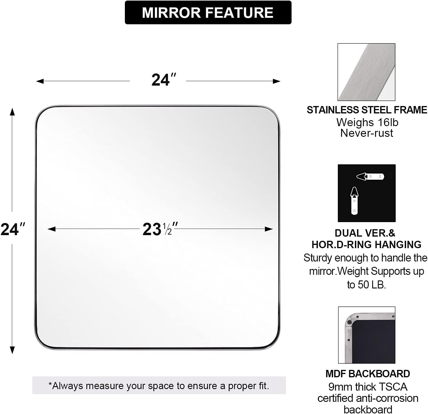 ANDY STAR Square Brushed Nickel Mirror for Bathroom, 24”x24” Silver Metal Frame Wall Mirror, Rounded Corner Stainless Steel Mirror Hangs Horizontal Or Vertical