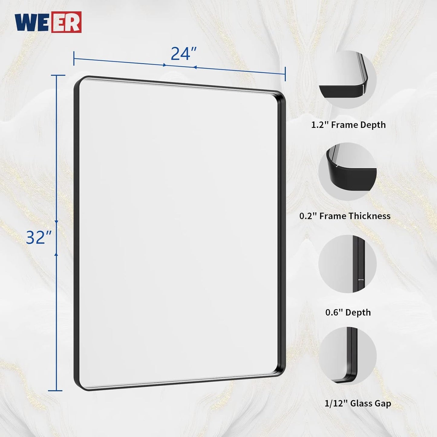 WEER Black Framed Mirror for Bathroom, 24x32 Inch Matte Black Bathroom Vanity Mirror, Rectangular Black Metal Framed Wall Mirror with Tempered Glass, Rounded Corner, Anti-Rust (Horizontal/Vertical)