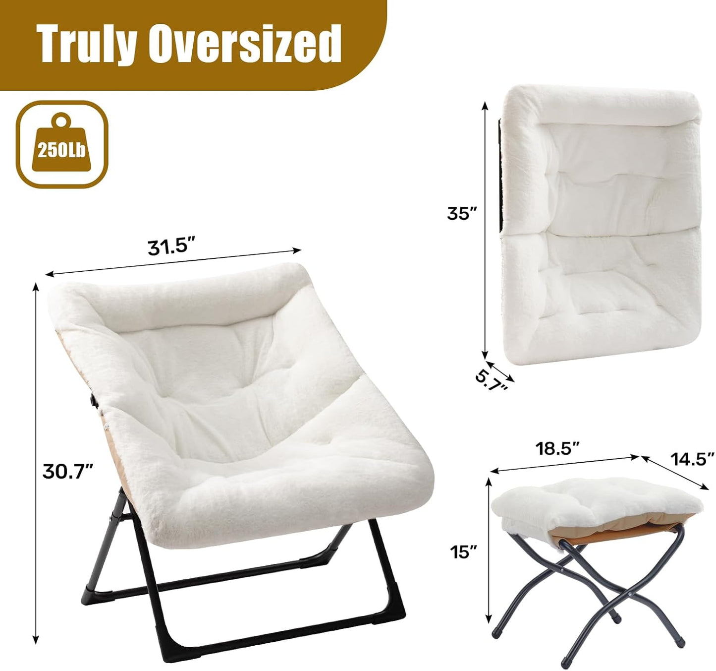 HollyHOME X-Large Saucer Chair with Foldable Ottoman, Comfy Oversized Folding Chair and Folding Footrest Stool Set, Faux-Fur Reading Chair and Footstool for Living Room, Bedroom, White Chair&Stool