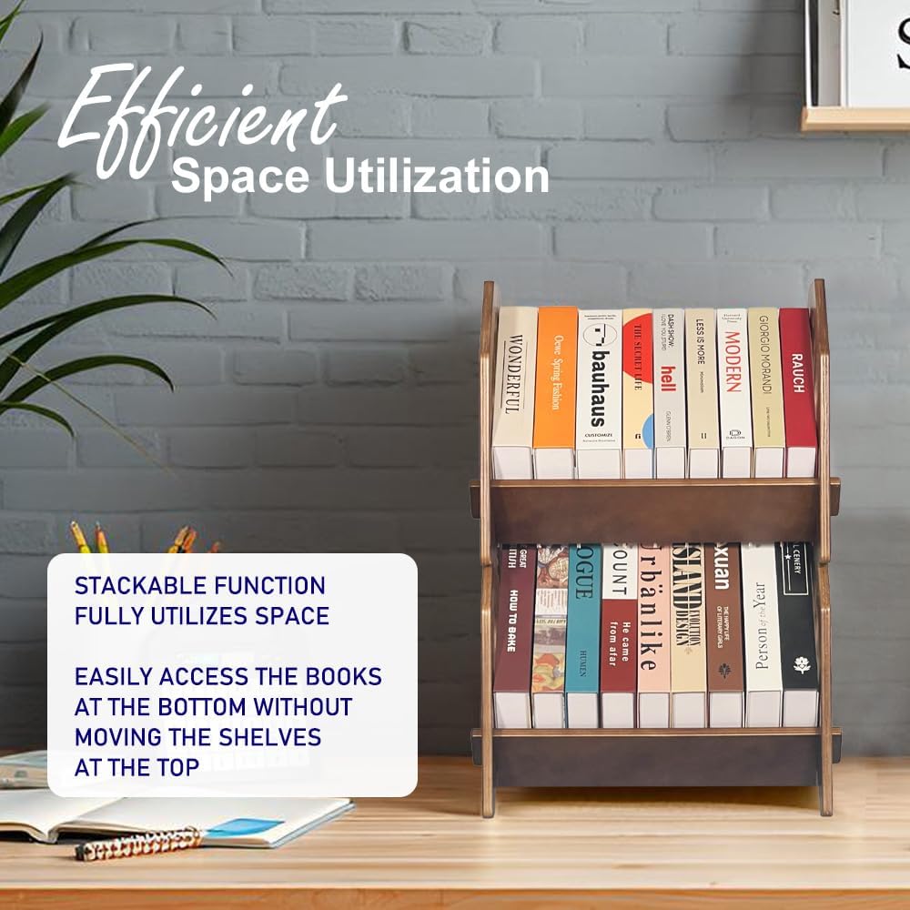 2 Pack Desktop Bookshelf, Stackable Book Organizer with Handle, Storage Rack for CD/Magazine/File Folder, Portable Small Bookshelf for Study, Living Room, Kid's Room, No Nails, Medium Size