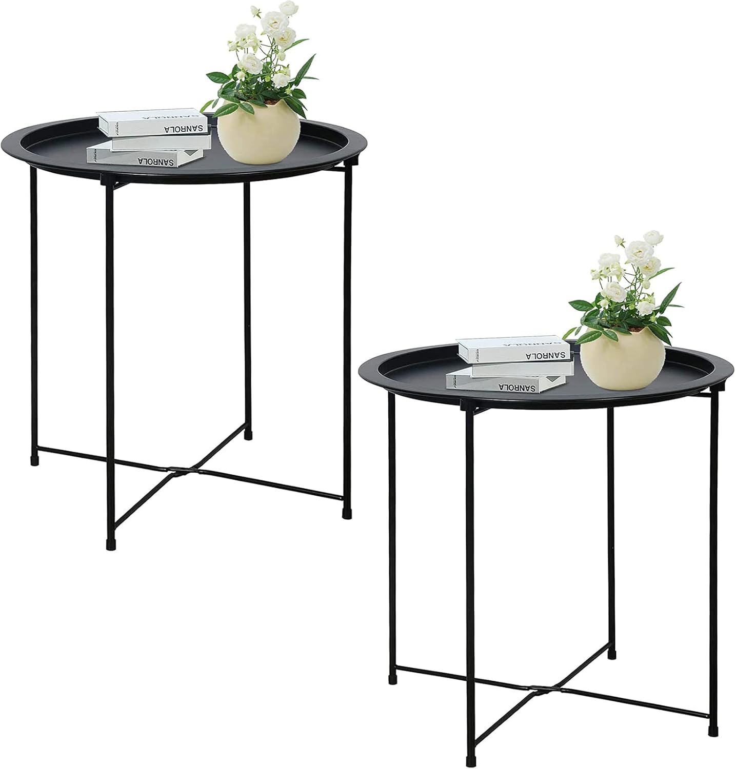 Garden 4 you End Table 2 PCS Metal Side Table Black Round Folding Tray Cyan Sofa Small Accent Fold-able Table, Round End Table Tray, Next to Sofa Table, Snack Table for Living Room and Bed Room