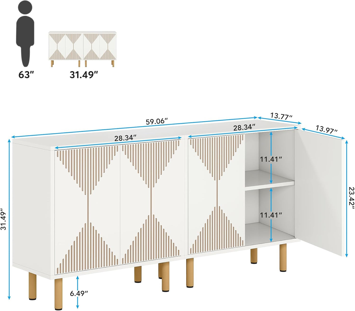 LITTLE TREE White Sideboard Buffet Cabinet, Modern Sideboard Cabinet with 4 Doors, Cupboard Console Table