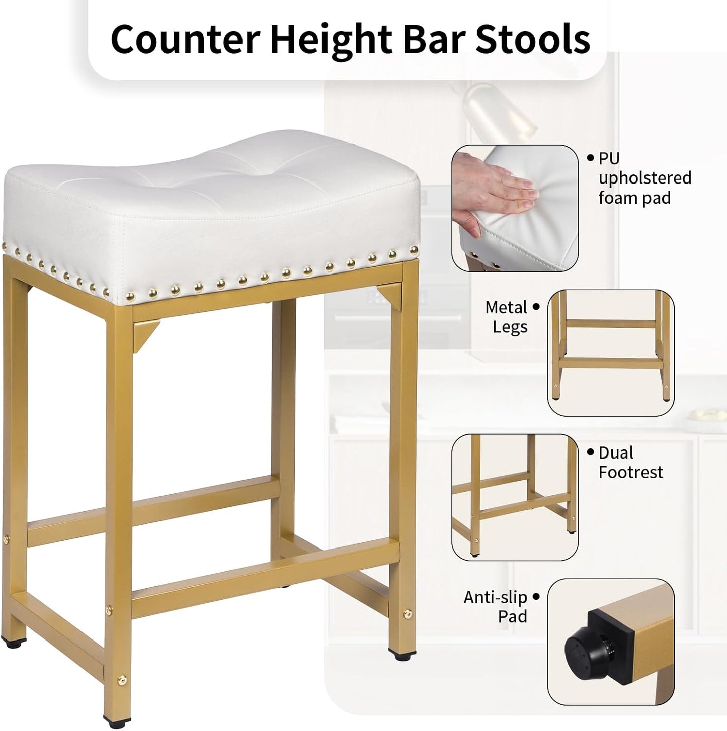 Bar Stools Set of 2, Counter Height Bar Stools for Kitchen Island, 24 Inch Modern White & Gold Saddle Backless Barstools, Counter Stool with Metal Base & Thick Saddle Seats(White+Gold)