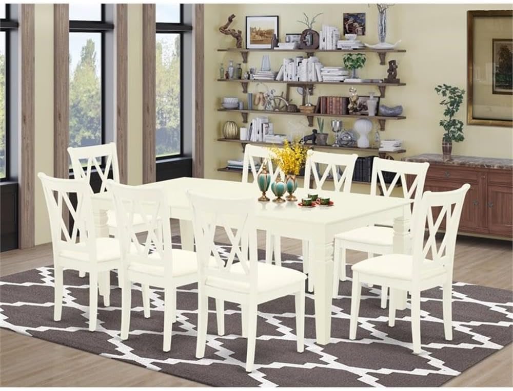 East West Furniture LGCL9-LWH-C 9 Piece Modern Dining Table Set Includes a Rectangle Wooden Table with Butterfly Leaf and 8 Linen Fabric Dining Room Chairs, 42x84 Inch, Linen White