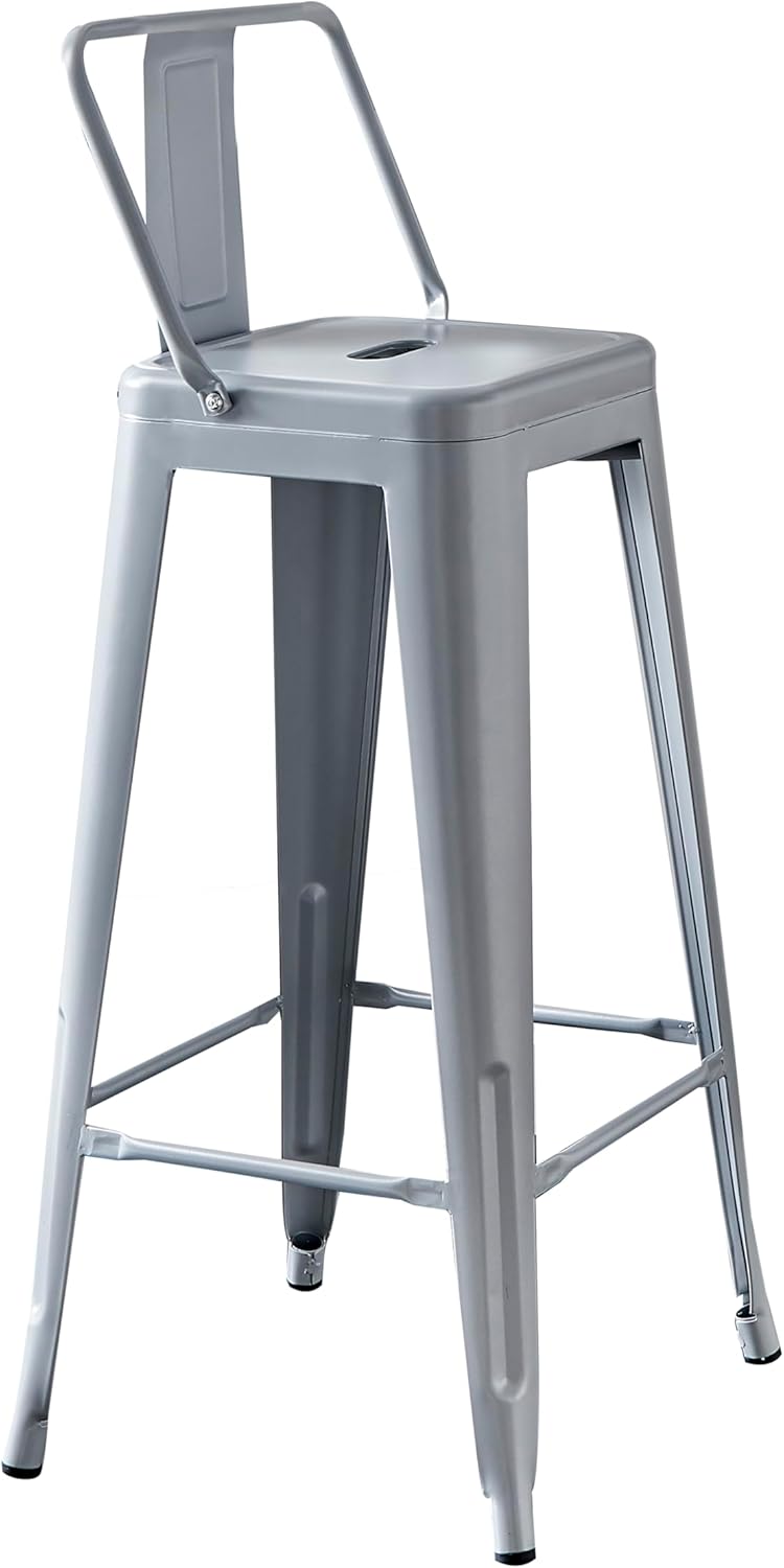 AC Pacific 30” Metal Barstool Set of 2 – Country Rustic Style with Low Back, Lightweight & Sturdy Build, Easy Assembly – Matte Silver