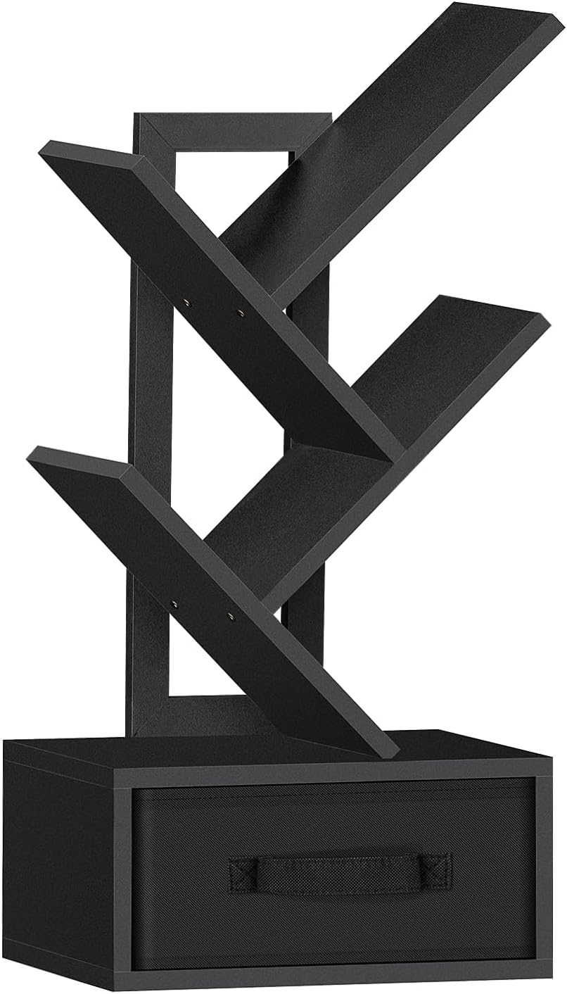 Small Book Shelf with Drawer,4 Tier Black Tree Bookshelf,Wooden Desktop Bookcase,Modern Desk Display Storage Bookshelves,Floor Standing Organizer Bookcases for Living Room,Bedroom,Office