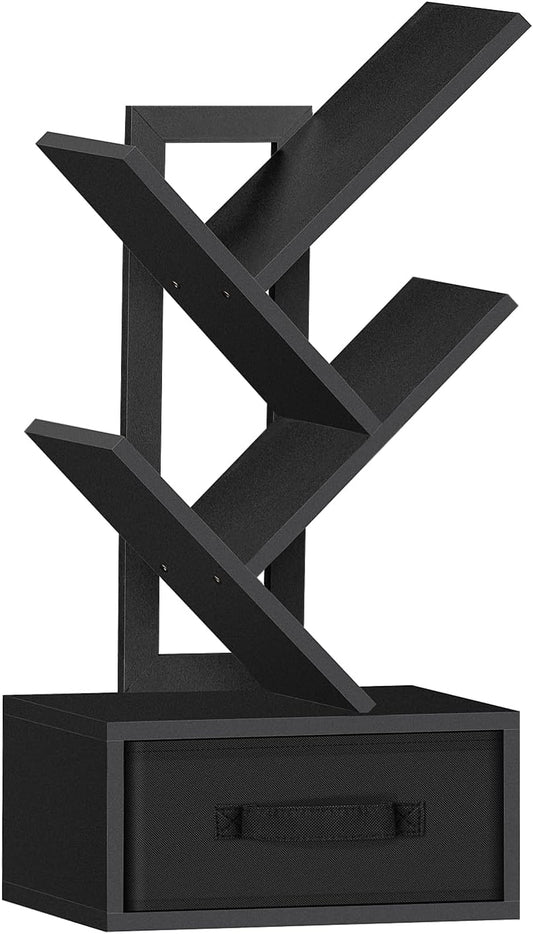 Small Book Shelf with Drawer,4 Tier Black Tree Bookshelf,Wooden Desktop Bookcase,Modern Desk Display Storage Bookshelves,Floor Standing Organizer Bookcases for Living Room,Bedroom,Office