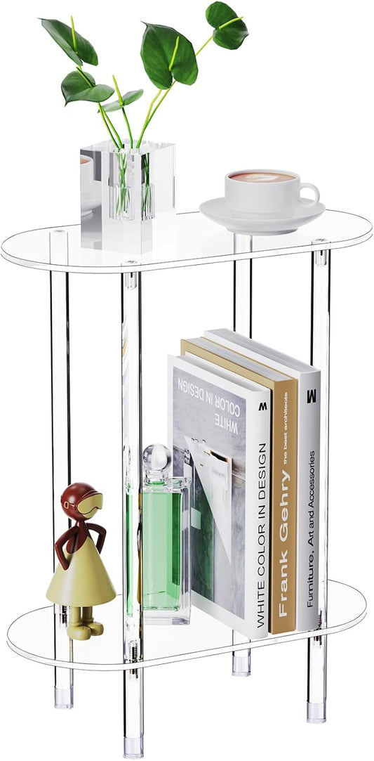 Clear Acrylic Narrow Side Table for Small Spaces, 15.75" L x 7.87" W x 19.82" H, 2 Tier Oval Slim End Table Nightstand, Small Skinny Bedside Table for Bedroom, Bathroom, Living Room