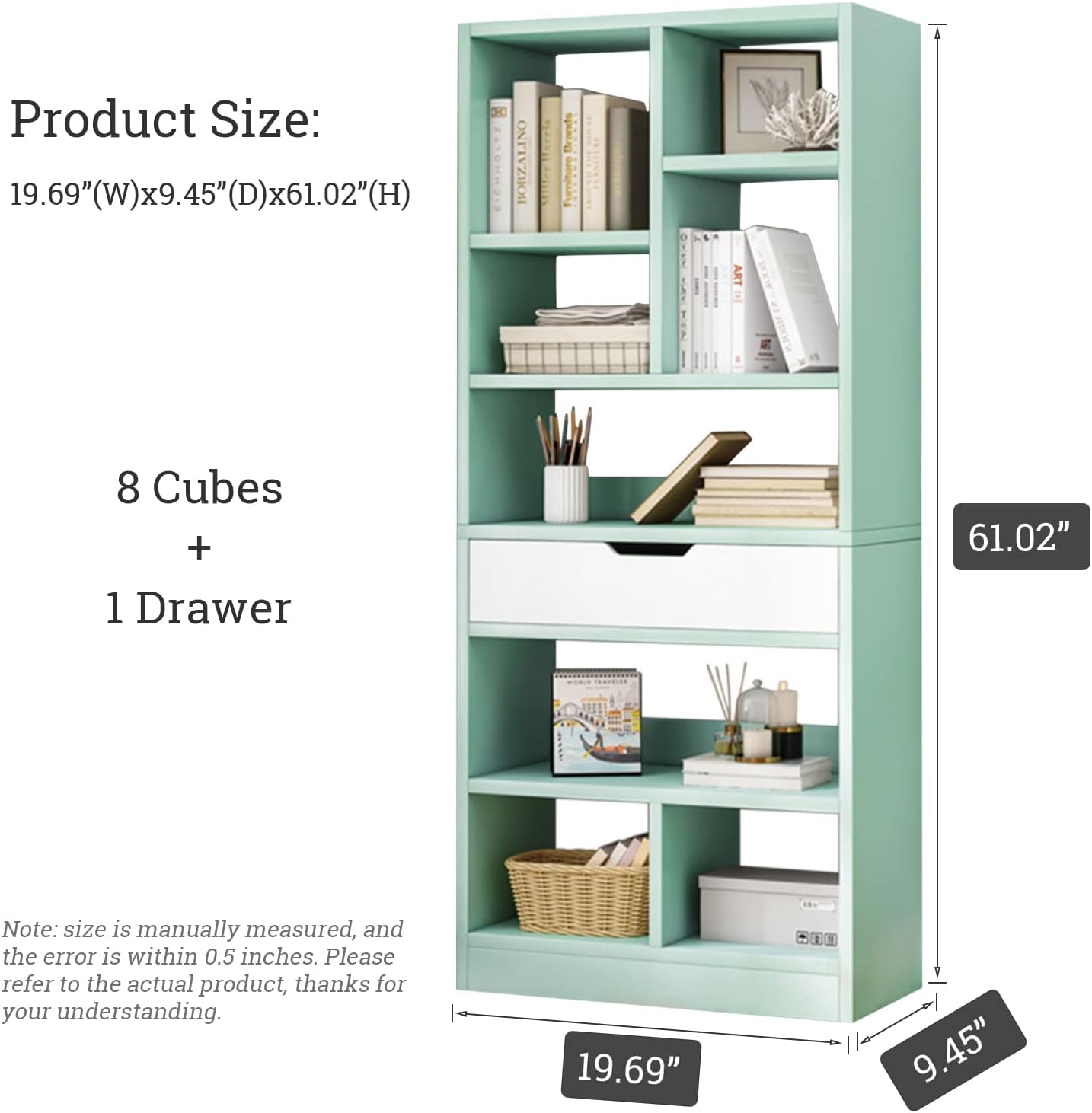 IOTXY Wooden Open Shelf Bookcase - 61 Inches Height Freestanding Display Storage Cabinet Organizer with 8 Cubes and a Drawer, Floor Standing Bookshelf in Tiffany-Green