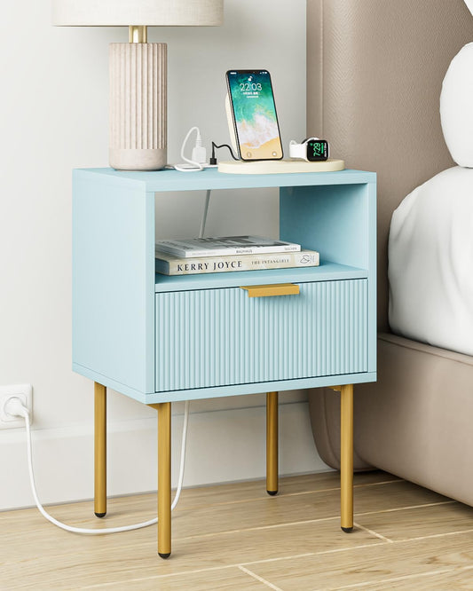 Nightstand,Morden Bedside Table with Gold Frame,Small White Night Stand,End Table,Bedside Furniture,Side Table with Drawer and Shelf for Bedroom,Living Room (1Drawer, Blue-Outlet)