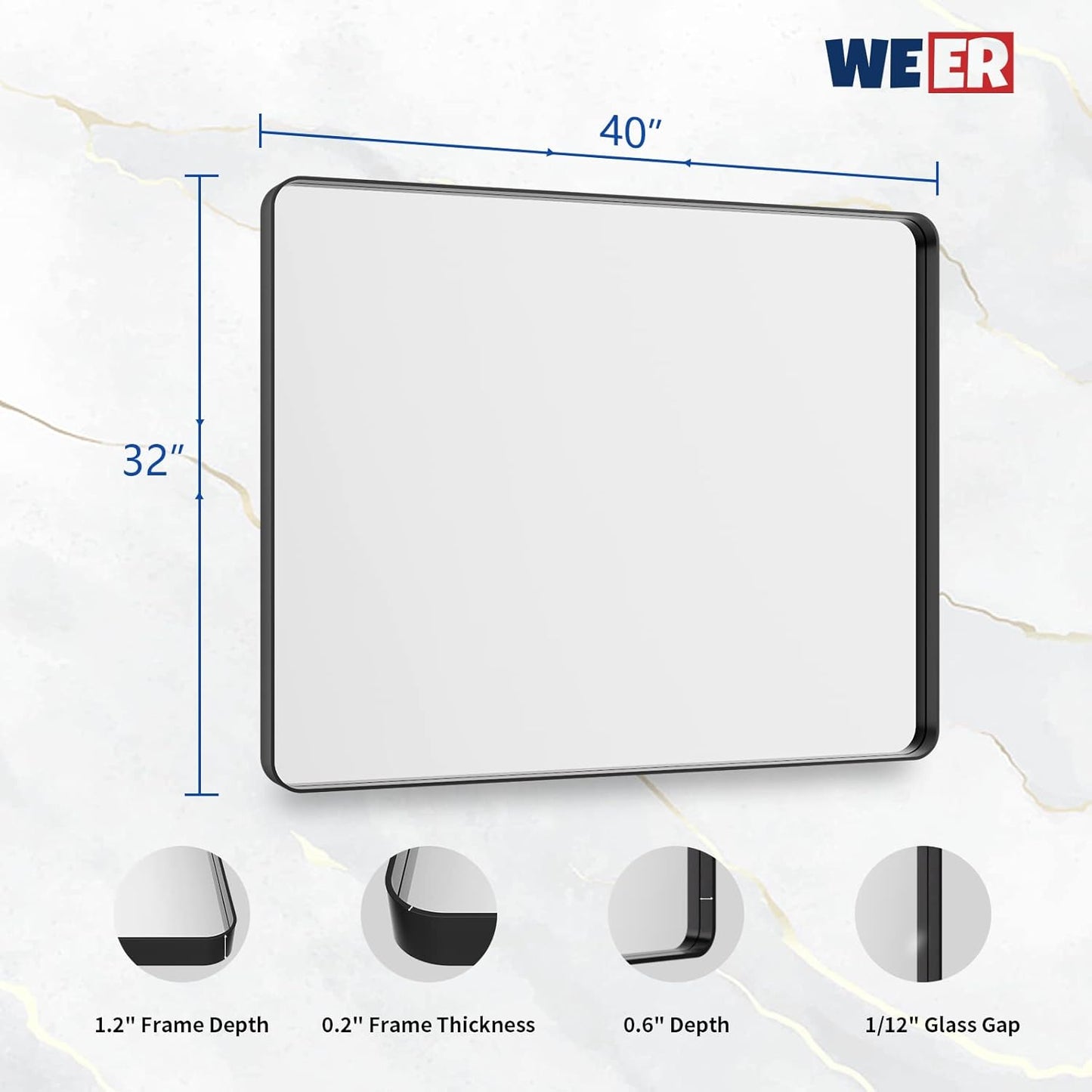 WEER Black Bathroom Mirror, 40X32 Inch Rectangular Matte Black Metal Framed for Wall, Farmhouse Bathroom Vanity Mirror with Tempered Glass, Rounded Corner, Anti-Rust (Horizontal/Vertical)