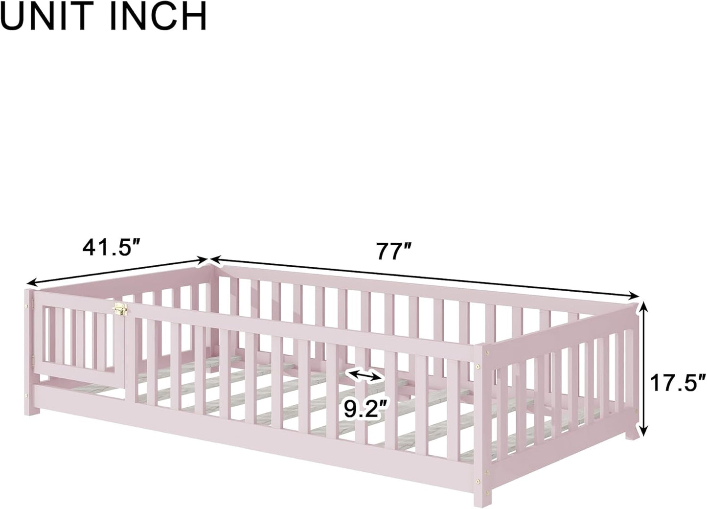 Twin Floor Bed Frame with Slats and Safety Guardrail, Wood Twin Size Montessori Floor Bed with Door and Fence, Easy Assemble Montessori Beds for Kids, Girls, Boys, Pink
