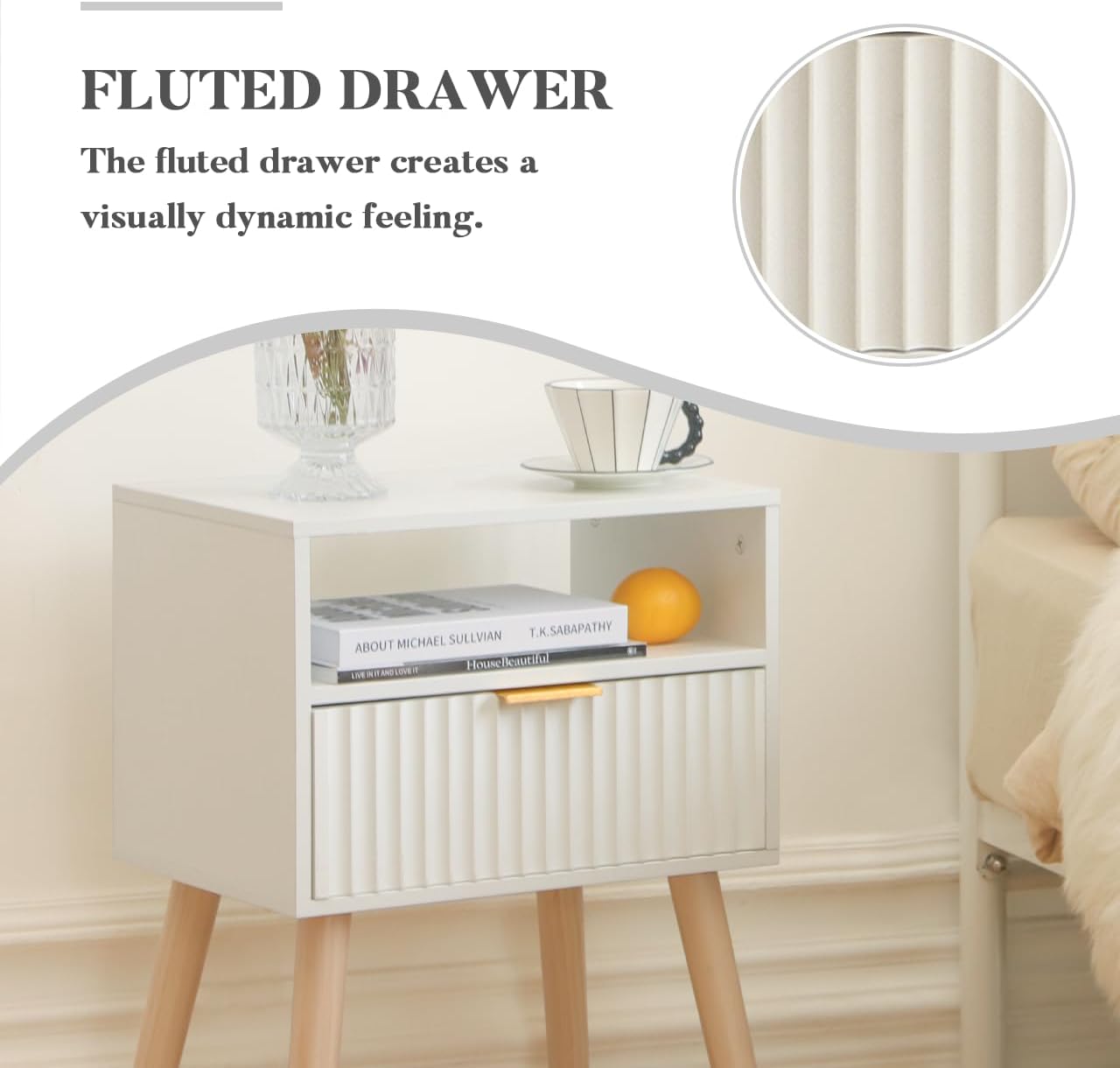 Night Stand, White Bedside Table with Drawers and Open Shelf, Fluted Nightstand with Solid Wood Legs for Bedroom, Dorm and Small Space (White)