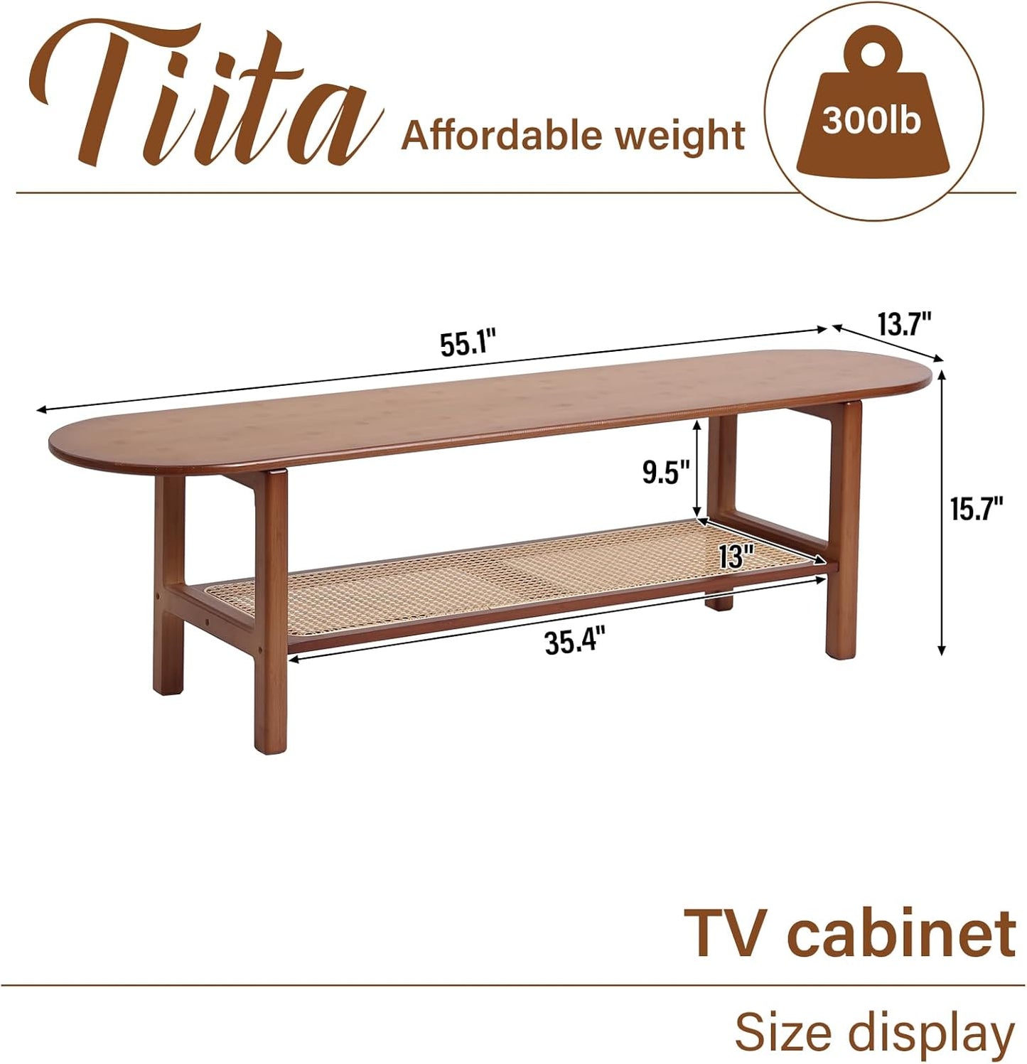 Tiita Bamboo TV Stand with Storage for TV up to 65 inch, Bamboo Rattan TV Console Entertainment Center with 2 Open Shelf, Mid Century Modern Media Console for Living Room, Bedroom, Walnut