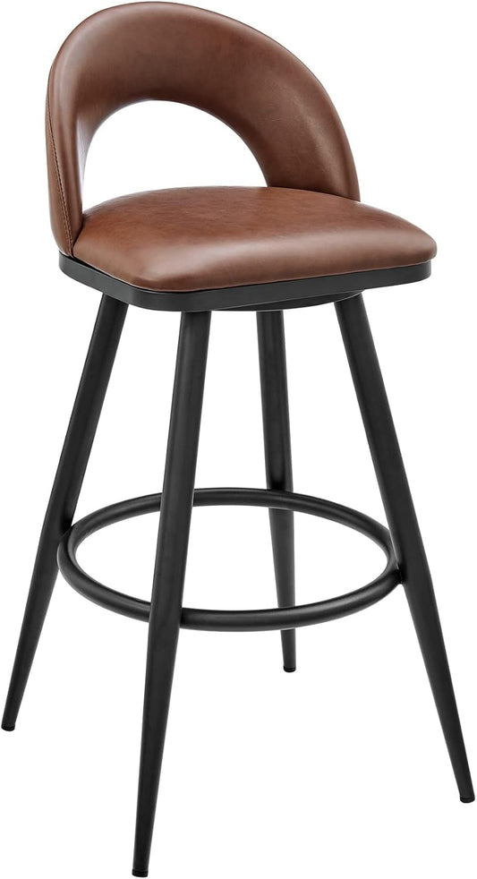 Armen Living Charlotte Swivel Counter Stool in Black Metal and Brown Faux Leather