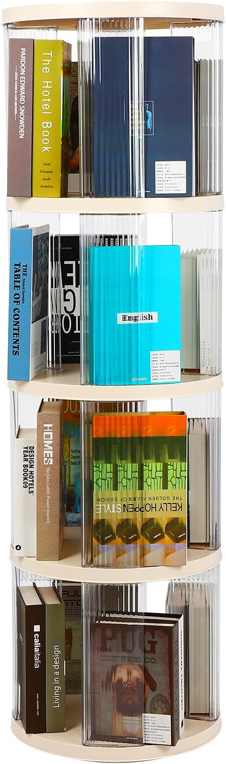 FAHKNS 4 Tier Rotating Bookshelf,360° Revolving Bookcase Tower,Clear Acrylic Round Book Shelf for Small Space,Suitable for Spinning Bookshelf Tower in Bedroom, Living Loom, Office