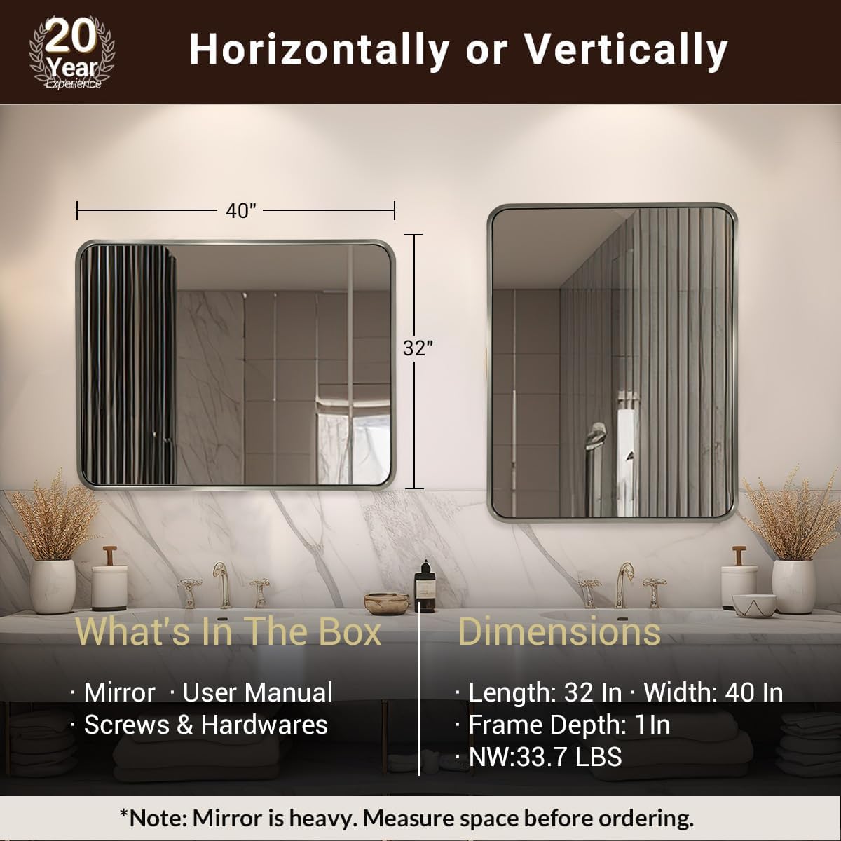 ANDY STAR 40x32 Inch Brushed Nickel Bathroom Mirror, Rounded Rectangle Bathroom Vanity Mirrors for Wall, Anti-Rust SUS304, Seamless Tube Metal Frame, 1’’ Deep Wall Mounted Vertically/Horizontal