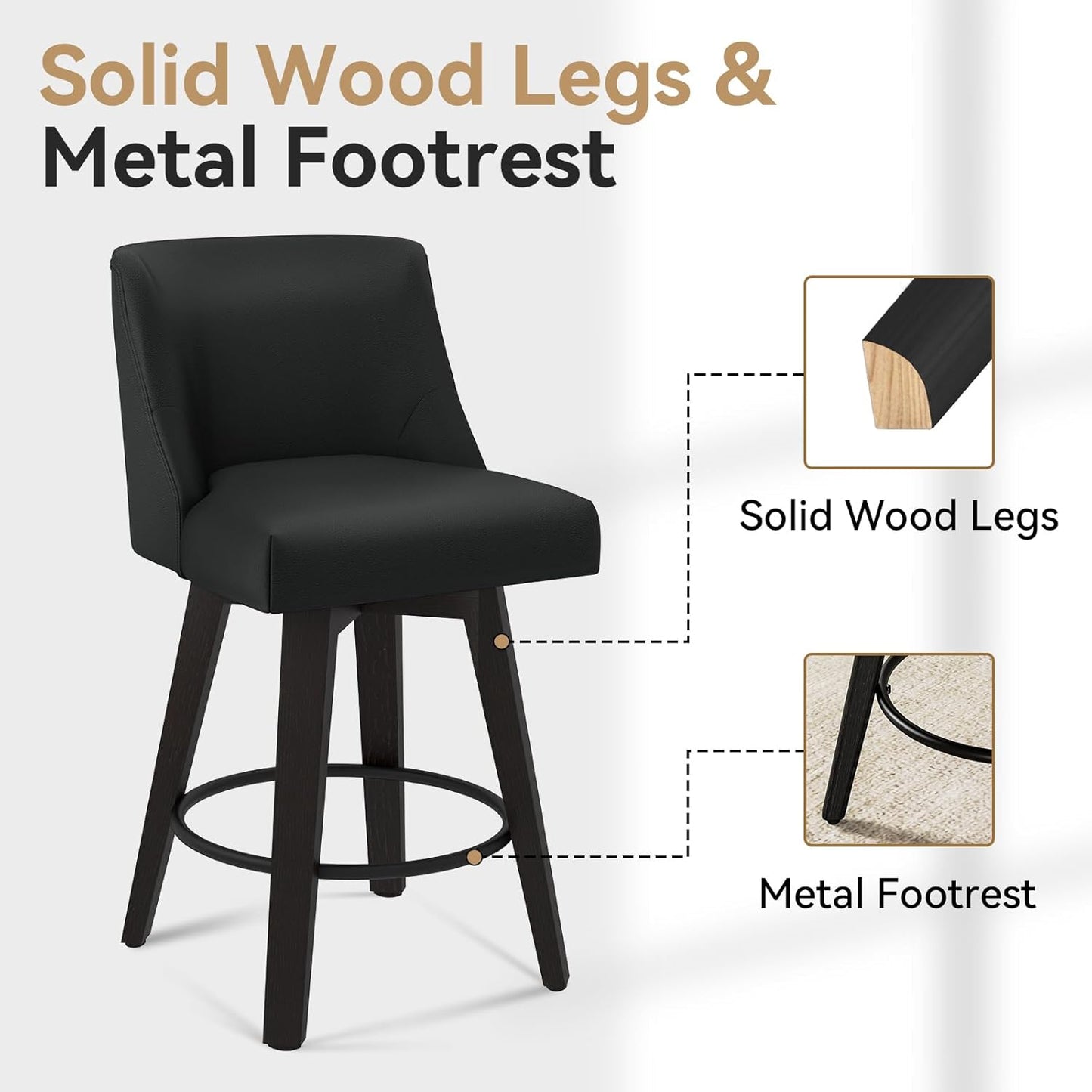 26.8 Inch Counter Height Bar Stools with Back, Swivel Bar Stools Set of 2, Modern Kitchen Barstools with Footrest, Faux Leather Upholstered Bar Chairs, Solid Wood Legs for Island, Pub, Black