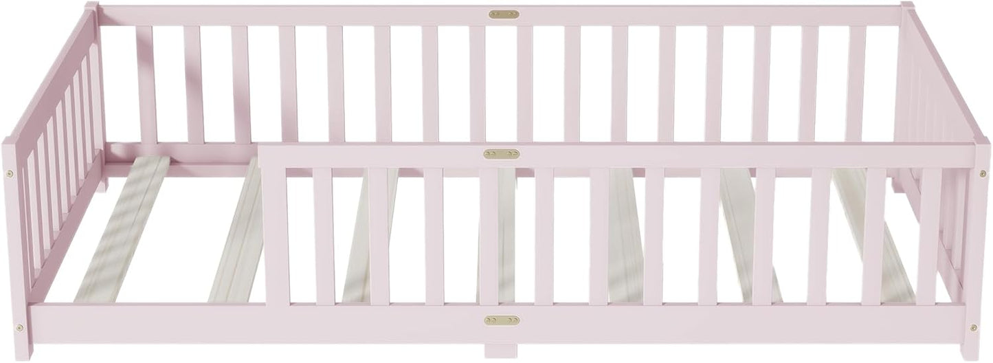 Bellemave Twin Floor Bed with Slats and Safety Guardrails, Kids Montessori Floor Beds with Fence and Without Door, Easy Assemble Floor Bed for Kids, Girls, Boys, Pink