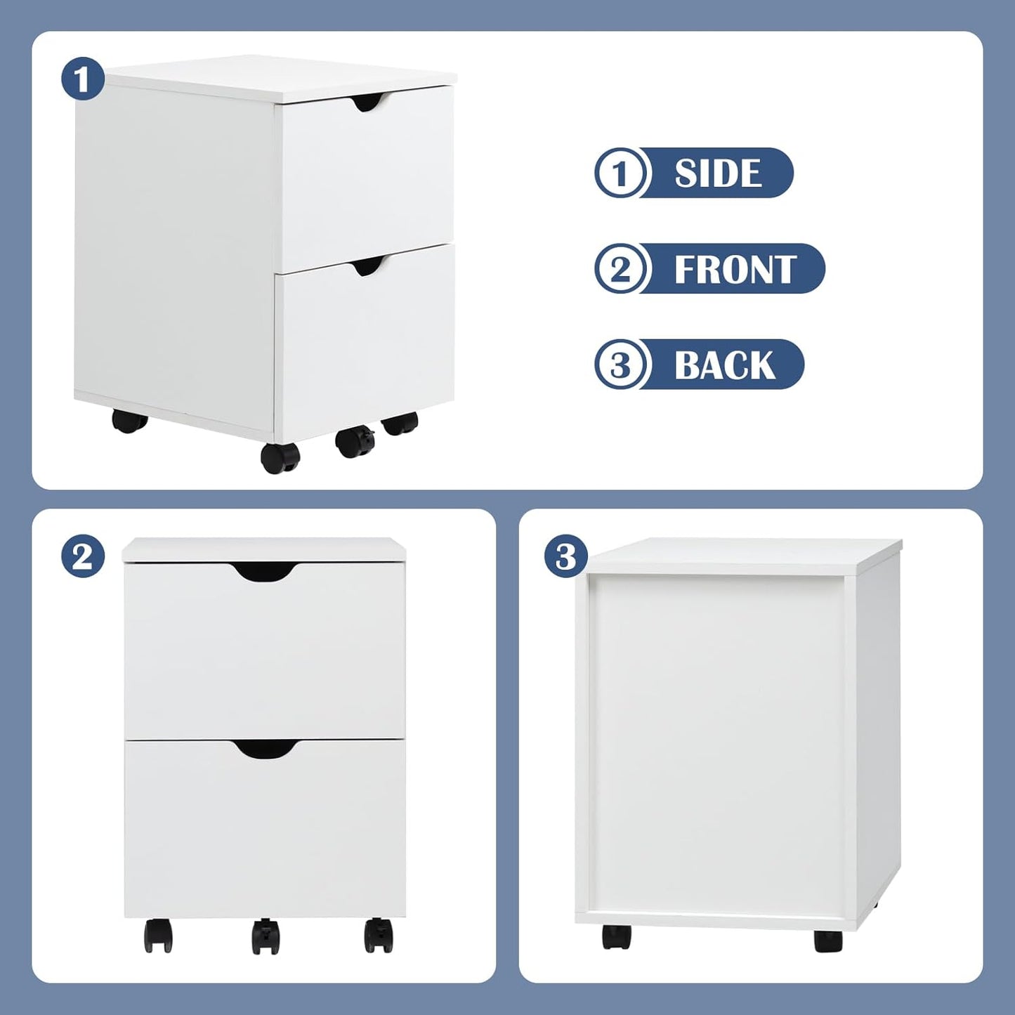 HollyHOME Under Desk Cabinet, Deep 2-Drawer Mobile Wood Cabinet, Storage Drawer for Home, Rolling Shelf for Office, Rolling Printer Stand, for A4, Modern, White