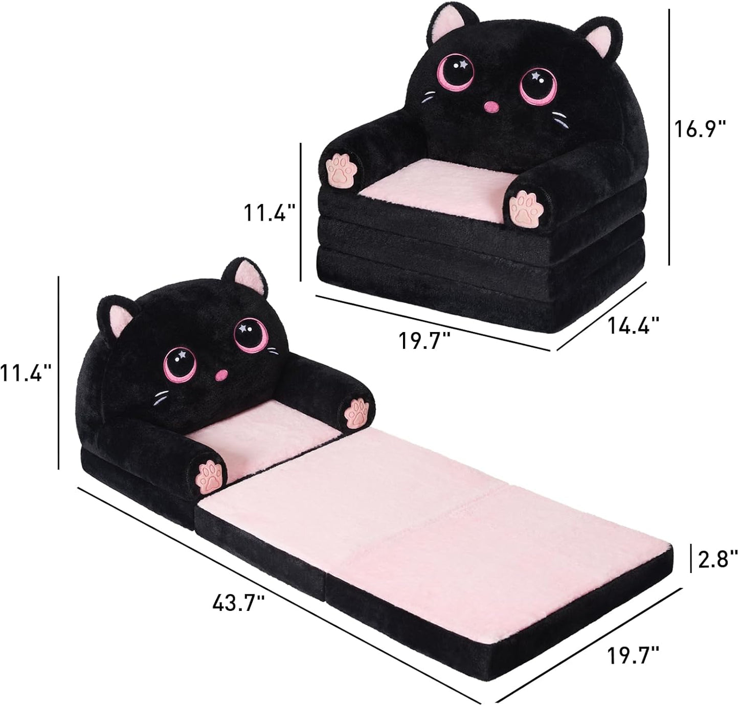 Kids Couch Fold Out, Velvet 2-in-1 Flip Open Couch for Toddlers, Comfy Toddler Chair for Reading and Napping, for Boys and Girls (Black & Pink Kitty)