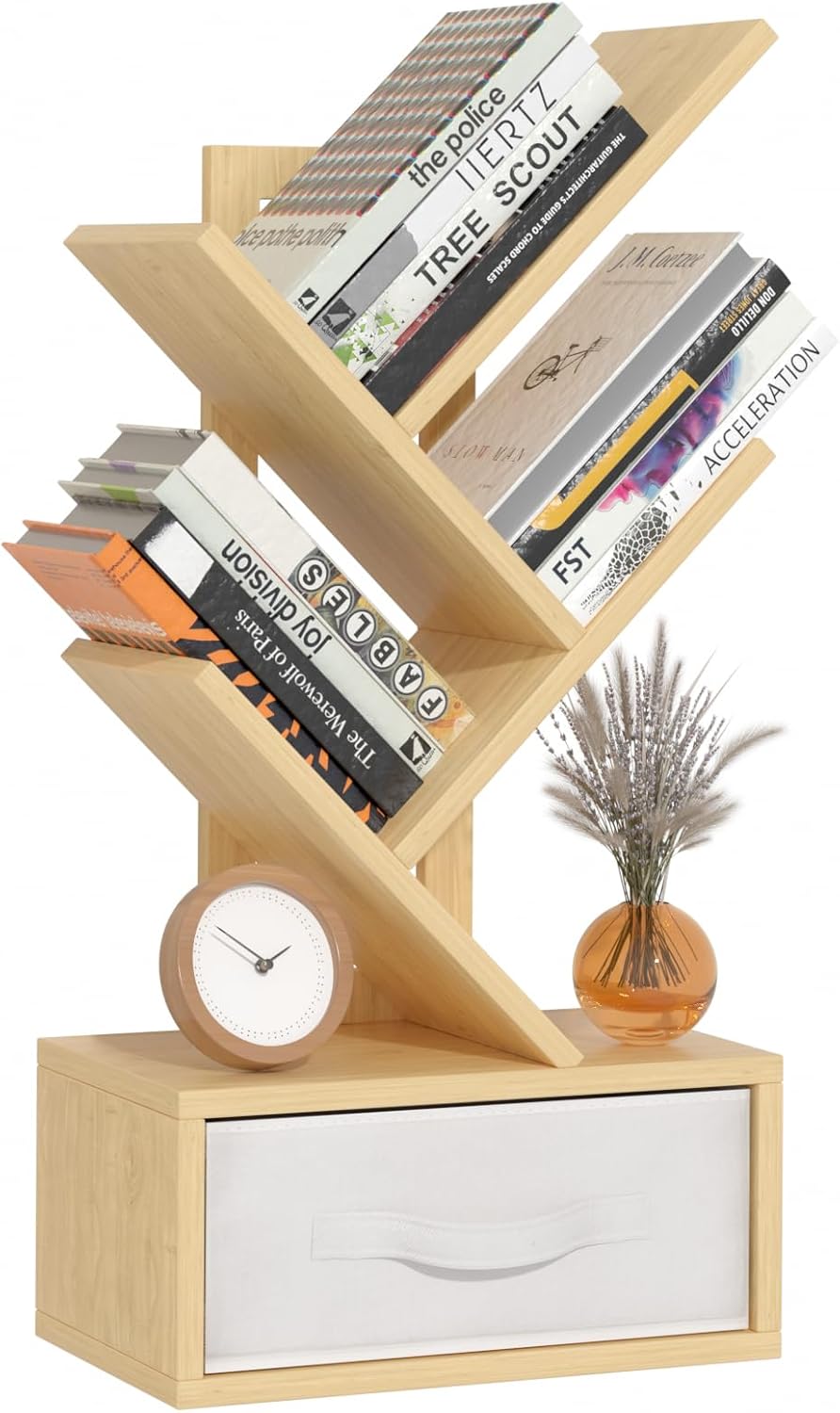 Small Book Shelf with Drawer,4 Tier Black Tree Bookshelf,Wooden Desktop Bookcase,Modern Desk Display Storage Bookshelves,Floor Standing Organizer Bookcases for Living Room,Bedroom,Office