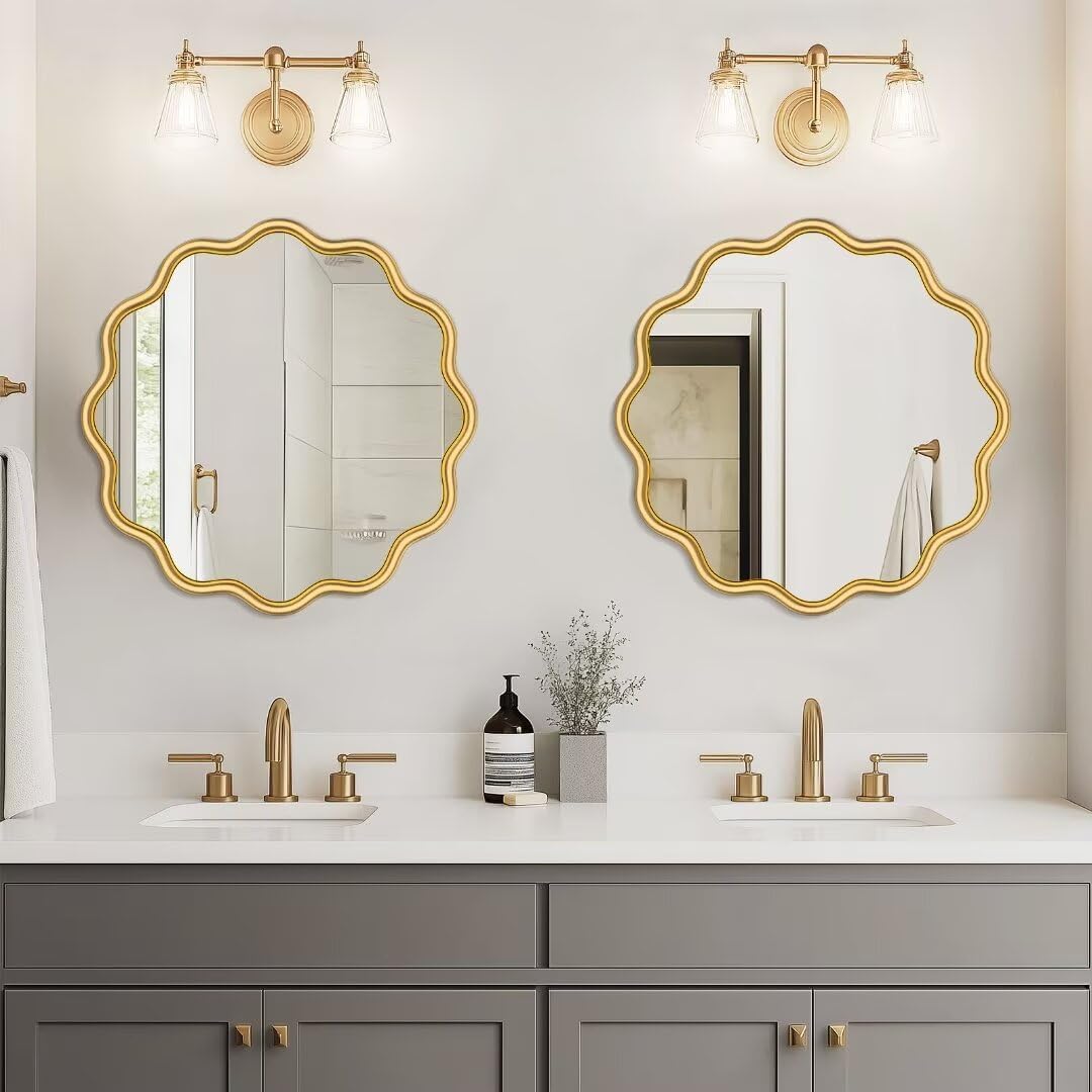 PROHOMEWARE Gold Round Mirror 20 Inch Wavy Bathroom Vanity Mirror Gold Frame Modern Wall Mirror Decorative Wall-Mounte Anti-Rust, Tempered Glass