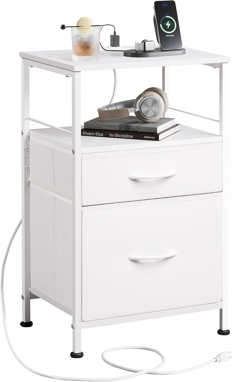 WLIVE Night Stand with Charger Station, White Nightstand with 2 Fabric Drawers, Bedside Table, Small Dresser for Bedroom, Side Table with USB Ports and Outlets