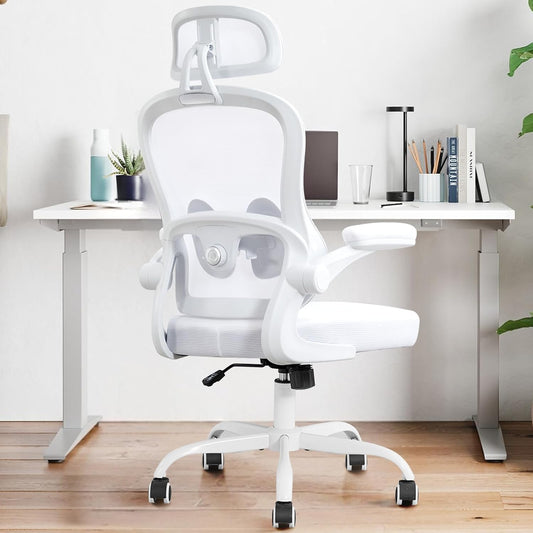 Ergonomic Office Chair,Ultra Thick Office Desk Chair with Adjustable Lumbar Support and Headrest,Spring Cushion,Rocking Function,Flip-up arms,Mesh Computer Chair for Home Office,White