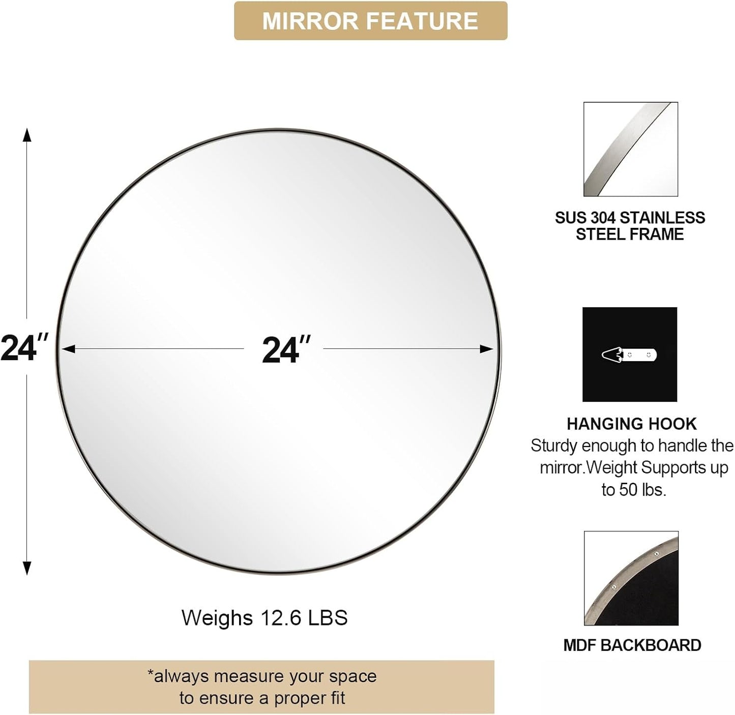 ANDY STAR Round Bathroom Mirror, 24’’ Brushed Silver Round Bathroom Mirrors in Stainless Steel Metal Frame 1" Deep Set Design