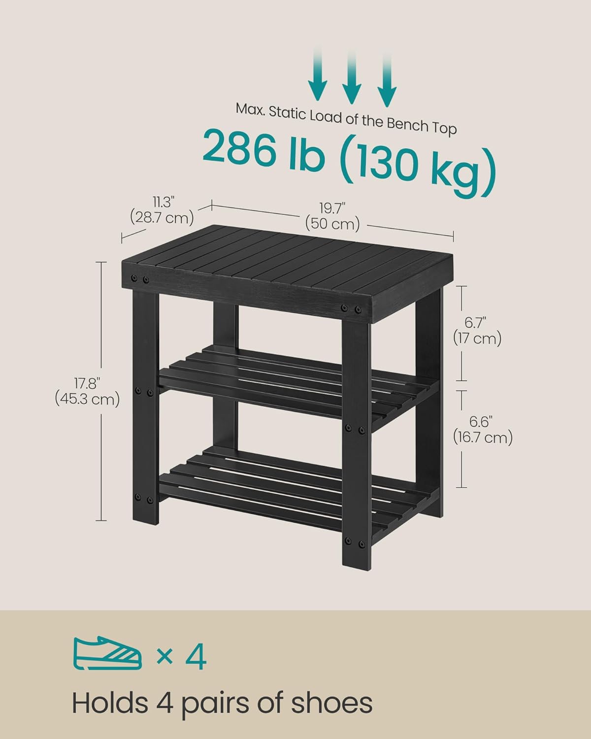 SONGMICS Shoe Rack Bench, 3-Tier Bamboo Shoe Storage Organizer, Entryway Bench, Holds Up to 286 lb, 11.3 x 19.7 x 17.8 Inches, for Entryway Bathroom Bedroom, Ink Black ULBS001B01