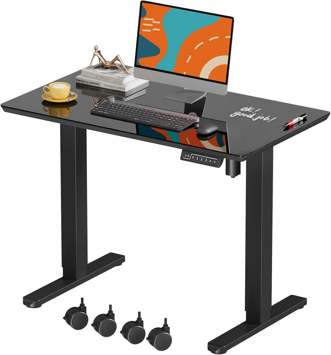 JOY worker Small Glass Standing Desk, 35" x 20" Electric Whole Piece Height Adjustable Desk with 4 Lockable Casters, Mobile White Sit to Stand Workstation for Home Office, Black