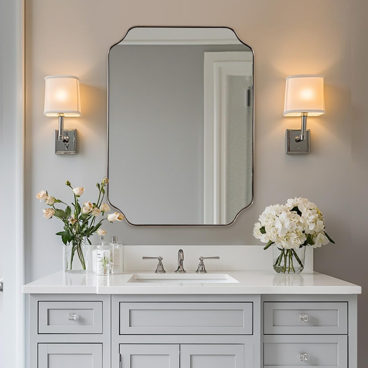 ANDY STAR Scalloped Bathroom Mirror, 24x32’’ Brushed Nickel Rectangle Mirror for Bathroom, Silver Bathroom Vanity Mirror, Unique Scalloped Edge Design, Rust-Proof Stainless Steel Frame