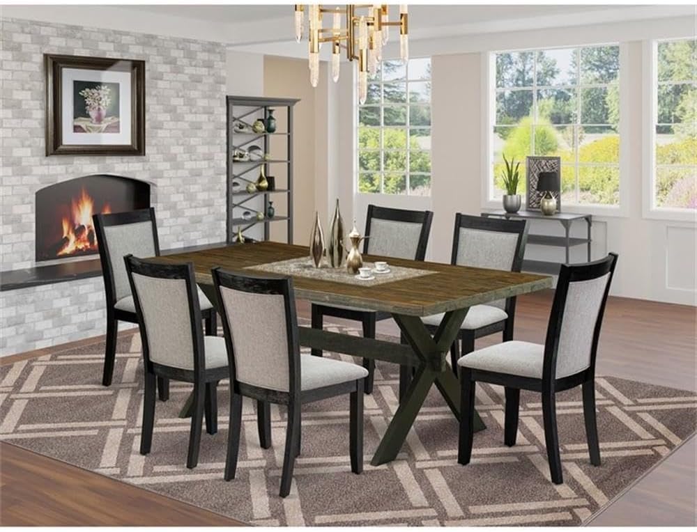 East West Furniture X677MZ606-7 7 Piece Dining Table Set Consist of a Rectangle Dining Room Table with X-Legs and 6 Shitake Linen Fabric Upholstered Parson Chairs, 40x72 Inch, Multi-Color