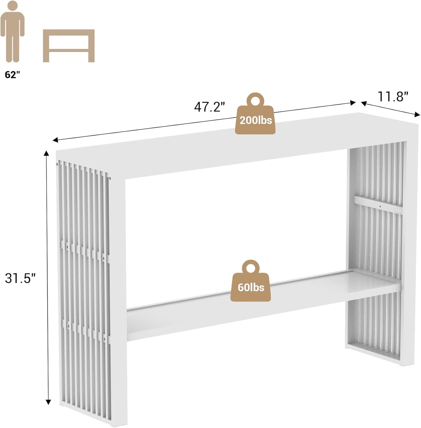 Bamboo Wood Console Table 47.2" Entryway Table, 2-Tier Farmhouse Narrow Sofa Table w/Storage Shelf, Couch Table Behind Sofa Easy Assembly for Entrance, Hallway, Living Room, Foyer(White)