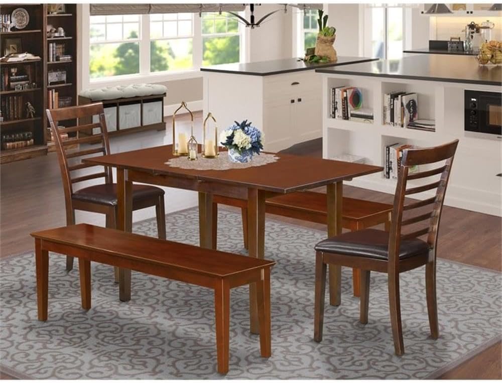 East West Furniture NOML5C-MAH-LC 5 Piece Dining Table Set Includes a Rectangle Dining Room Table with Butterfly Leaf and 2 Faux Leather Upholstered Chairs with 2 Benches, 32x54 Inch, Mahogany