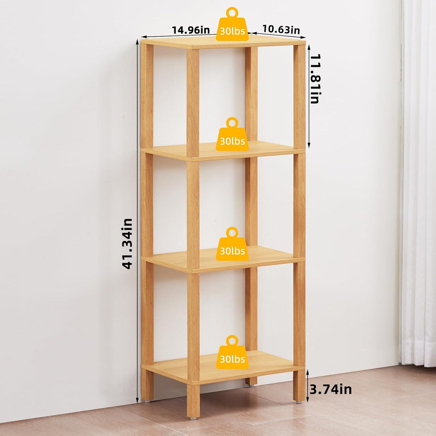 4 Tier Tall Bookshelf with Storage - Small Bookcase for Small Spaces, Shelf for Living Room, Office, Bedroom, Kitchen - Industrial Modern Natural Book Shelf
