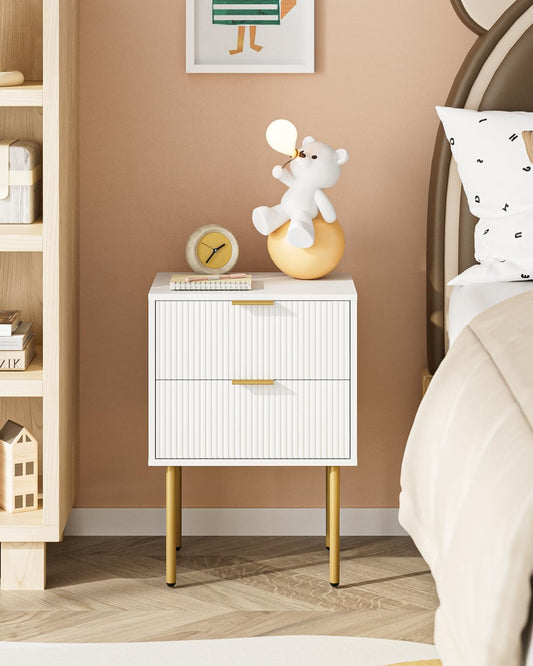 Nightstand,Morden Bedside Table with Gold Frame,Small White Night Stand,End Table,Bedside Furniture,Side Table with Drawer and Shelf for Bedroom,Living Room (2Drawers, White.)