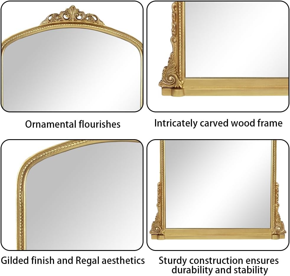 Traditional Ornate Arched Wall Mirror Baroque Vintage Framed Bathroom Vanity Large Rectangle Gilded, 34''H x 32'' W, Antique Gold