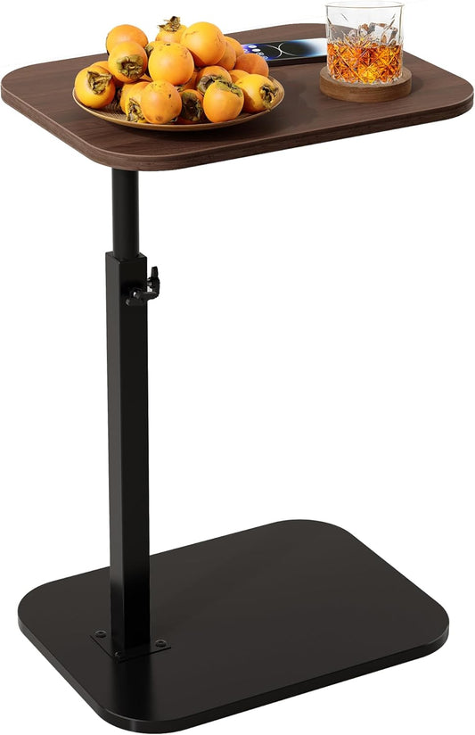 C Shaped End Table for Couch, Adjustable Height Couch Side Table, Horizontal 360°Swivel Small TV Tray Table Couch Side Tables That Slide Under (Walnut)