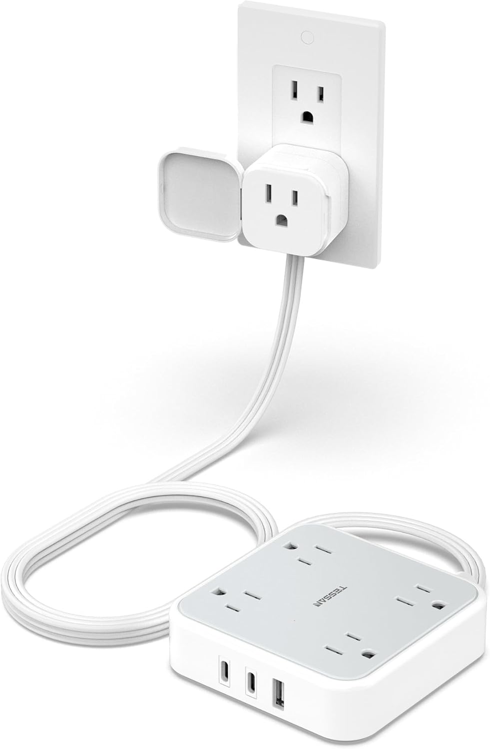 TESSAN Outlet Cover with Extra Outlet on Plug, Surge Protector Power Strip with 3 USB (2 USB C), 5 Ft Flat Extension Cord, 900 Joules Protection, Flat Plug Power Strip for Home Office Essentials