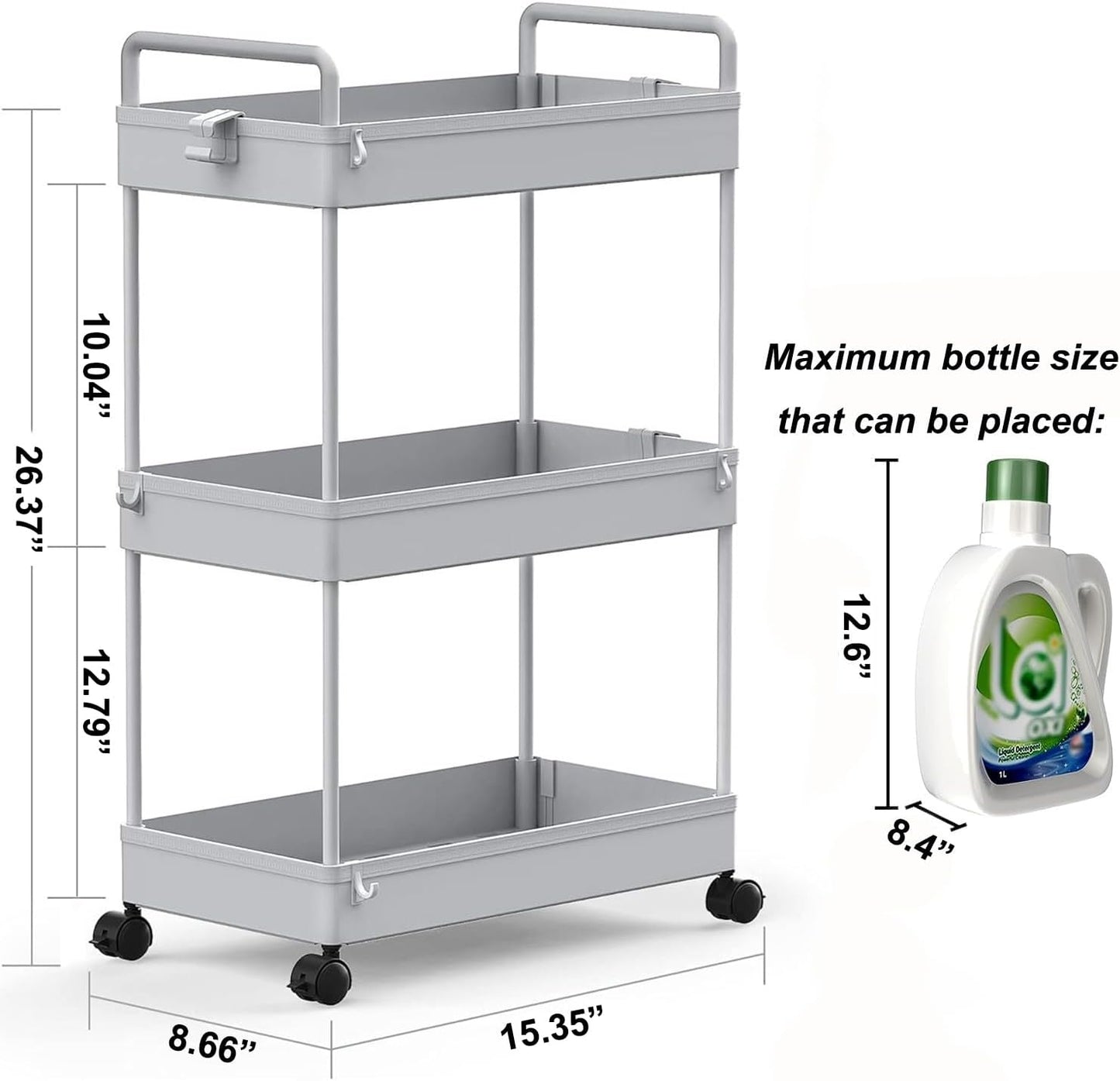SOLEJAZZ 3 Tier Rolling Storage Cart with Wheels Slim Craft Nail Makeup Snack Art Baby Utility Cart Organizer on 2 Lockable Wheels for Bathroom Laundry Room Kitchen Bedside Narrow Spaces, Gray