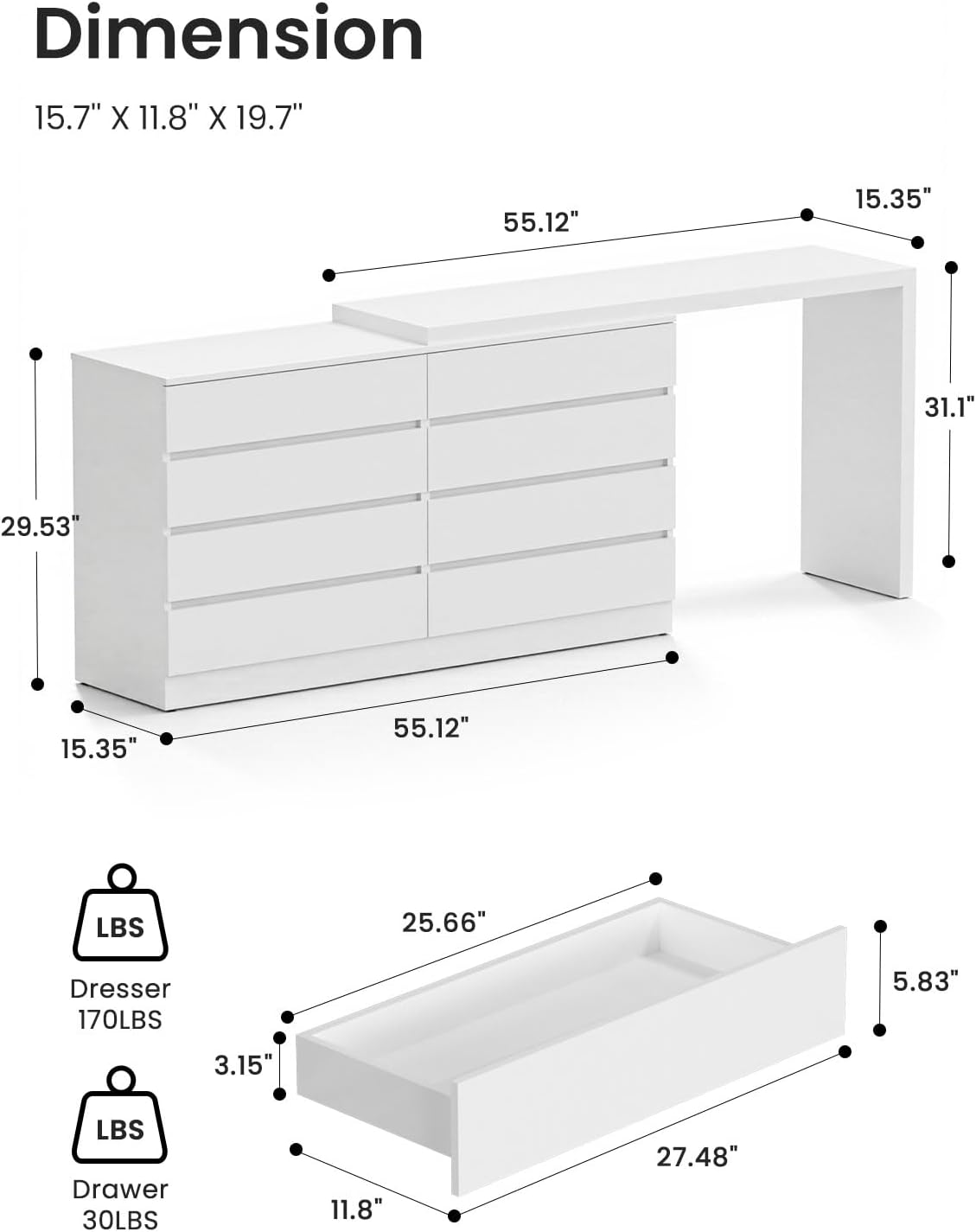 8 Drawer Vanity Dresser Combo with Extendable Table & L-Shaped Desk, White MDF Large Dresser for Bedroom, Adjustable Makeup Dressing Table with Wide Storage, Desk and Vanity Combo for Small Spaces