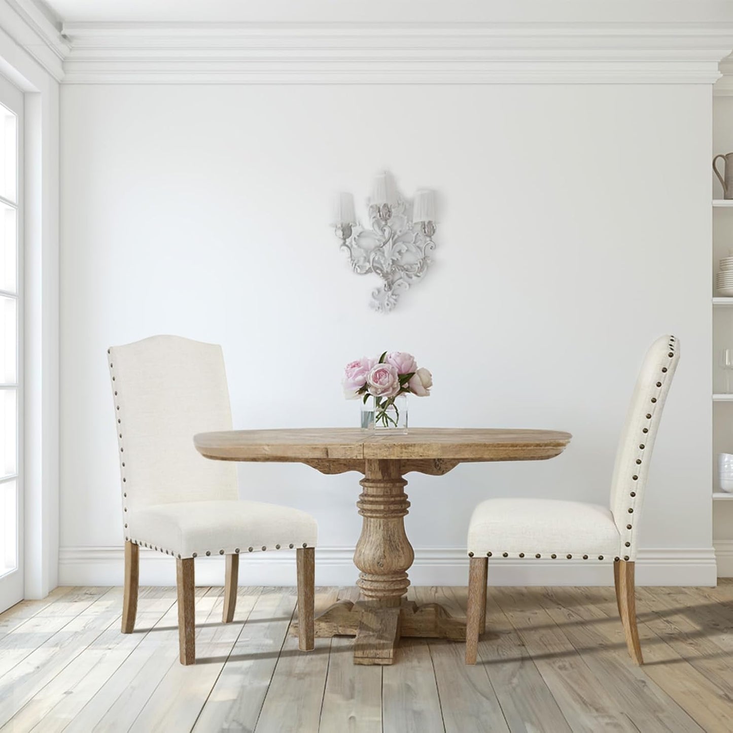 HomePop Home Decor | Classic Upholstered Parsons Dining Chairs | Curver Top Dining Chairs with Nailhead Trim, Vanilla Cream Textured Woven (Set of 2)