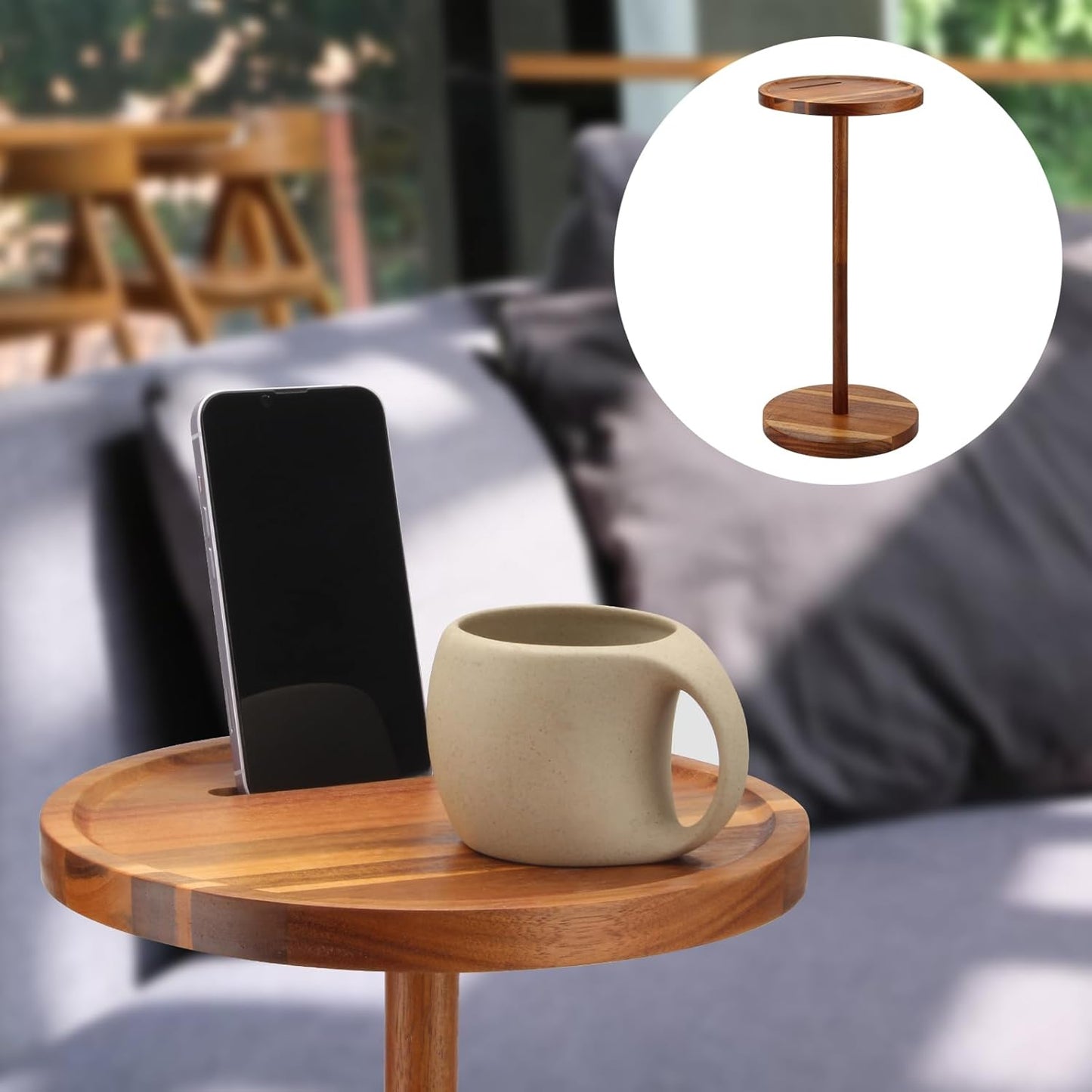 Acrylic Drink End Table, Clear Drink Table for Small Spaces with Anti-Slip Pads, 9.8" Round Modern Side Coffee Table for Living Room/Bedroom/Bathroom/Office/Outdoor/Business (Wood, Brown)